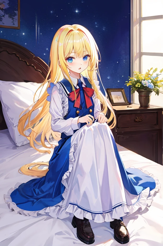 《Alice梦游仙境》,fairy tales,((Alice)),Long blond hair,Blue Eyes,Well-behaved and cute,Sitting on the bed,