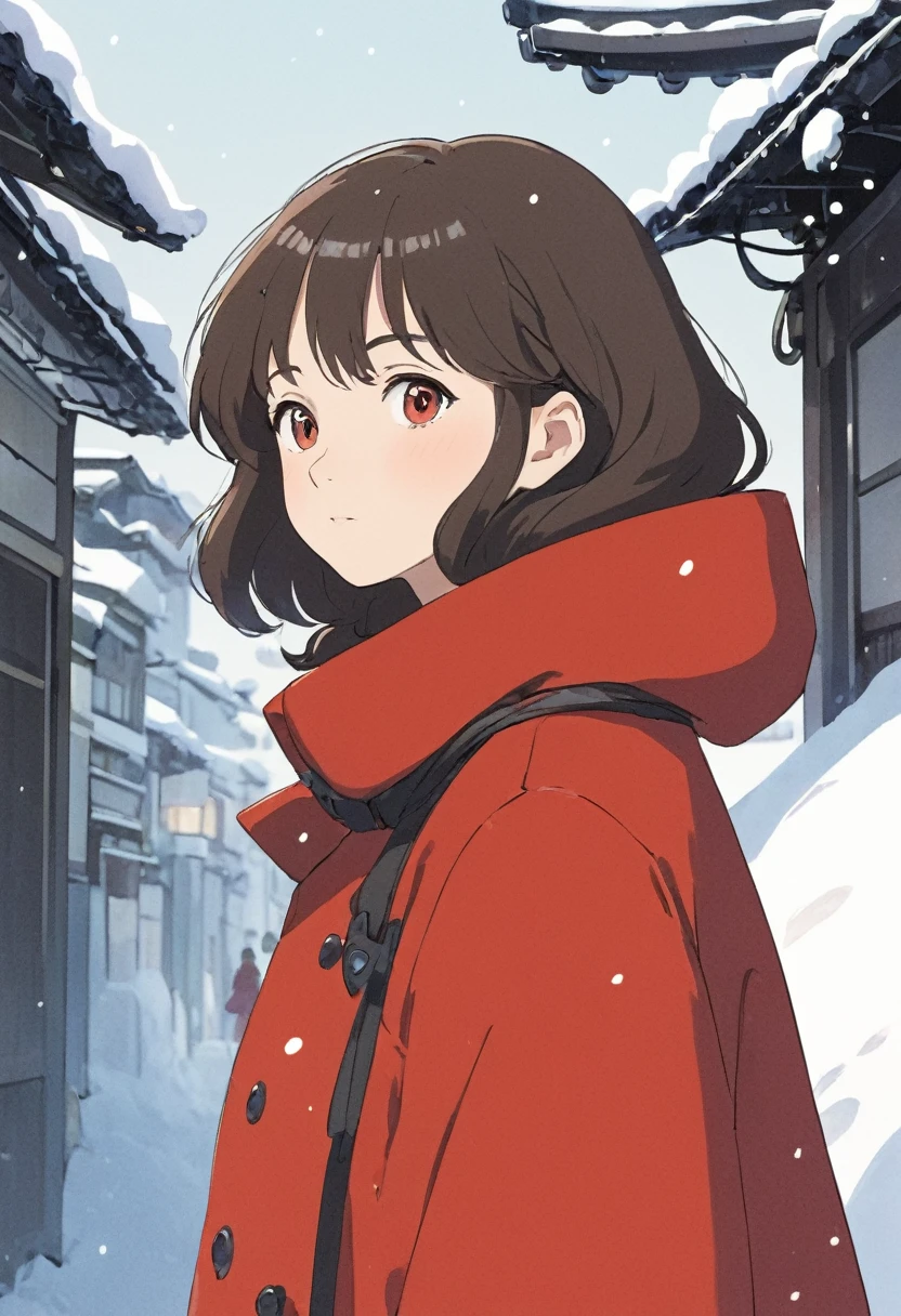 Ghibli, simple illustration of a cute woman in a cozy red coat in Tokyo during the snow, sci-fi, anime style