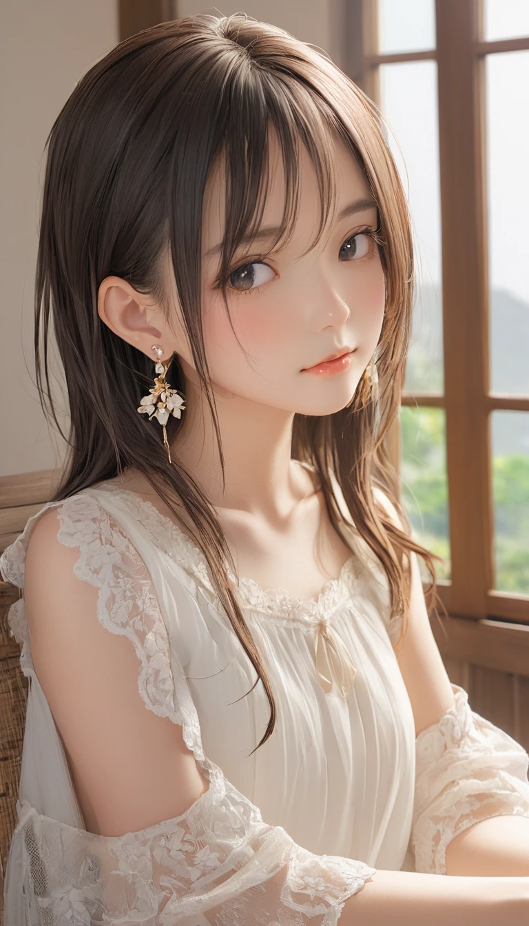 (masterpiece, Highest quality:1.2), One Girl, alone,Bony body、15 years old、Earrings