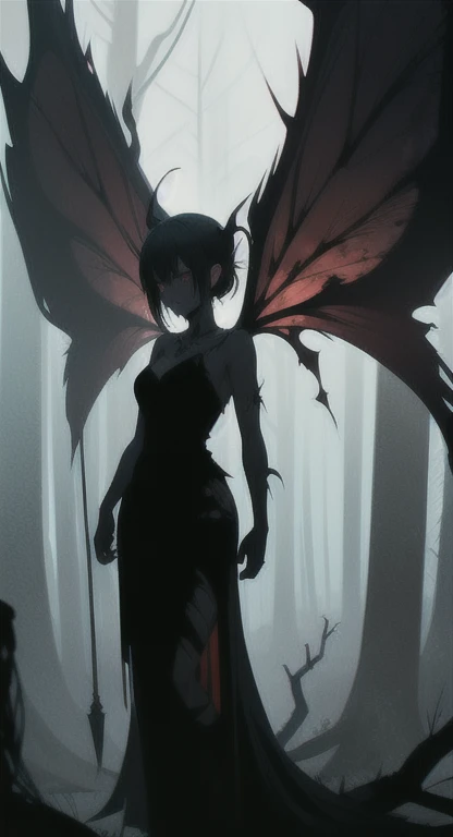 Foggy Forest, ancient female creature, demonic silhouette, fairy shadow figure, red eyes, eyes in the fog, rotting, looking dead, torn wings,