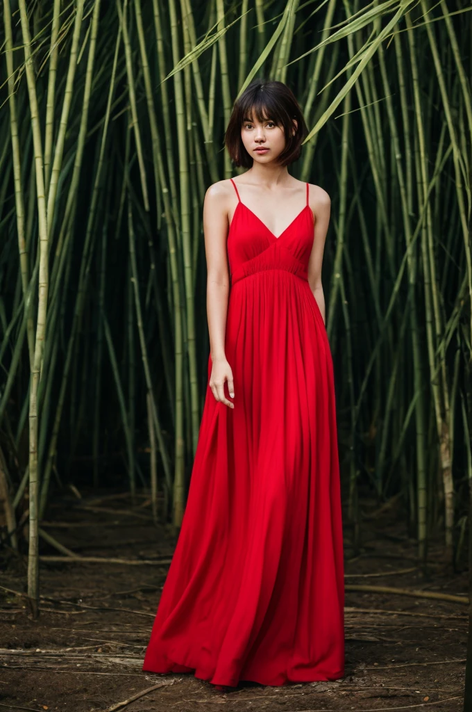 (full-length shot:1.5), (Best quality:1.3), 23y, 1girl, indonesian, (big breast), (red maxi dress), (cute face:1.4), wavy short hair blowing in the wind, (bangs:1.2), dance posing in the bamboo plant, dramatic moment, kodacrhome, cinematic dark lighting, beautiful shadow and sunlight expossure, aesthetic, ultra highres, sharp focus, highly detailed, realistic face and skin, surreal view, shot by eos c with 35mm lens f2.0, (angle shot fom below:1.3), Portrait by annie leibovitz, perfect anatomy, perfrect object