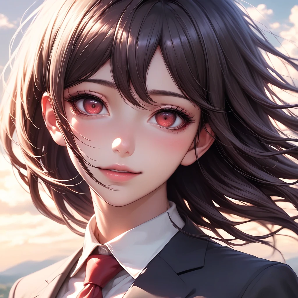 a close-up of a person in a suit and tie against the background of the sky, akane owari danganronpa, with bright red eyes, anime look of a beautiful girl, anime”, dark yandere gapmoe, with bright red eyes, by Jin Homura, anime portrait of shiina ringo, portrait dark yandere gapmoe, anime style