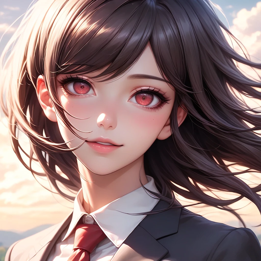 a close-up of a person in a suit and tie against the background of the sky, akane owari danganronpa, with bright red eyes, anime look of a beautiful girl, anime”, dark yandere gapmoe, with bright red eyes, by Jin Homura, anime portrait of shiina ringo, portrait dark yandere gapmoe, anime style
