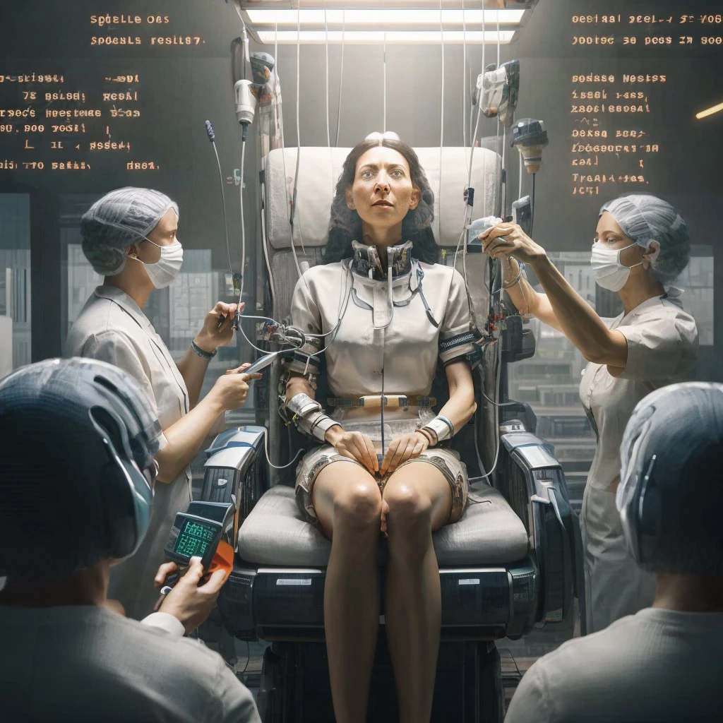 there is a woman wearing a white shirt and black shorts, long black  hair, sitting on a chair with a lot of medical equipment, doctors doing experience, beetle daily art, hiper-realistic cyberpunk style, beetle art, beetle masterpiece, Reality | beetle, beetle and mike winkelmann, Advanced digital cyberpunk art, beetle artwork, beetle. hyperReality