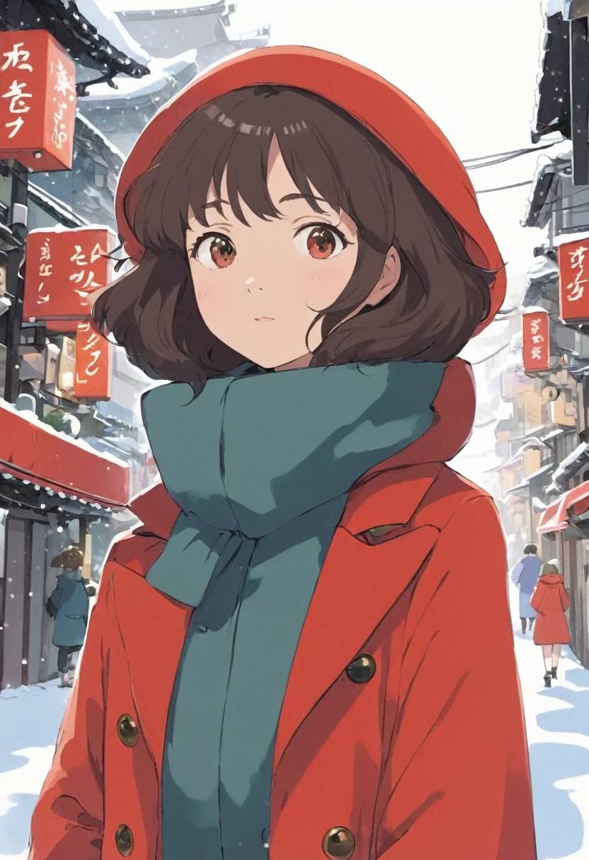 Ghibli, simple illustration of a cute woman in a cozy red coat in Tokyo during the snow, sci-fi, anime style