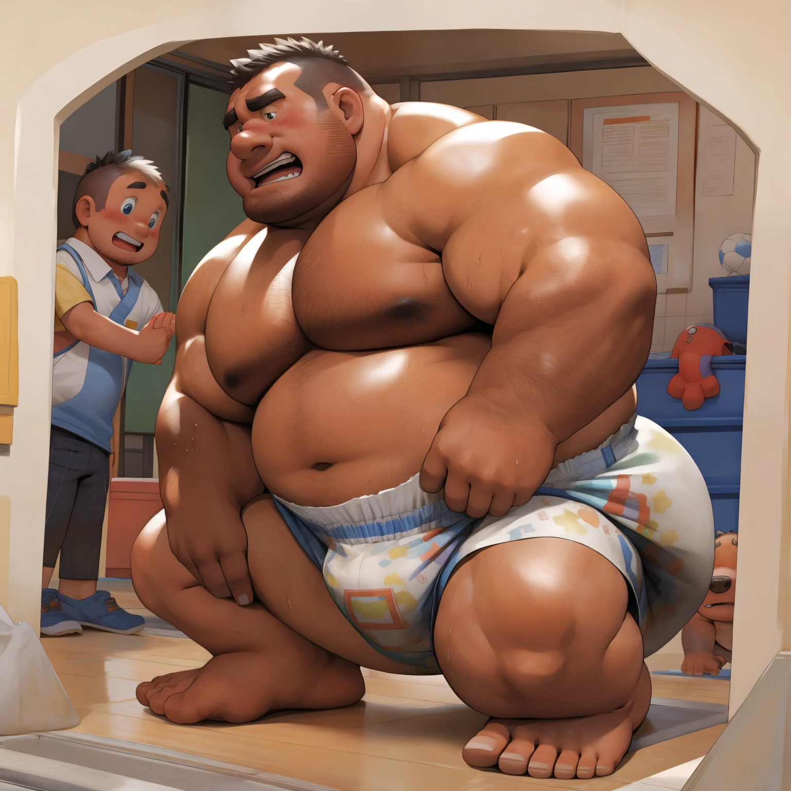 masterpiece, Top quality, in 32K, perfect anatomy, hyper detailed, super fine illustration, The thick man is a brutal retarded prisoner, hairy human, 50yo in Japan, (fatness: 1.0), Fatty muscle, Bowleg, disappointment, incontinent, shy, sissy, Weaker than children, Drool, Round face, be diaper check by children, waddle, There is a small puddle under him, incontinent, short legs, Bowleg, spread legs, wear a White cloth Diaper, Bare belly, Bare legs, Bare foots, Bare soles, Shirtless, wide forehead and short thinning hair, Man with round face with stubble, Bare foots, Bare soles, He enters nursery school and is despised by children, Entrance ceremony commemorative photo, He surrounded by children, His bottom is wet, Bare foots, big butt, he is scolded by the children, White Diaper, He surrounded by children, sobbing, wear a White cloth Diaper, shirtless, There is a small puddle under him, He enters nursery school and is despised by children, big butt, sobbing, He crawling to go to children, on all fours, side view