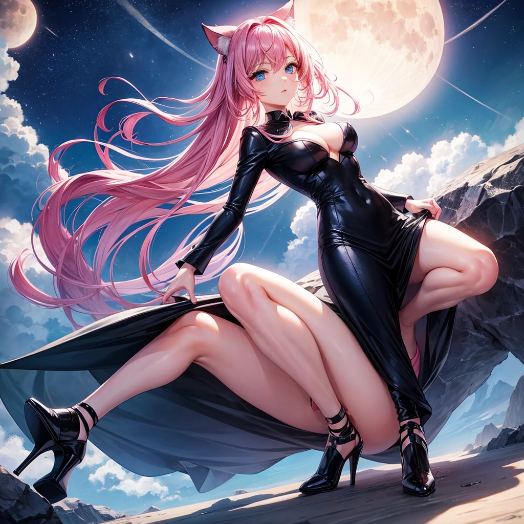 Girl pink hair with tail blue eyes suit black dress with leg out showing a little tits high heels and vastness of moon