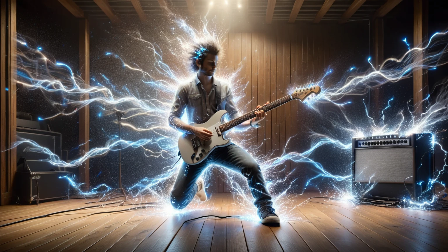 An ais-sparkz musician playing the electric guitar on a wooden stage, with strings that light up with ais-sparkz as they vibrate.