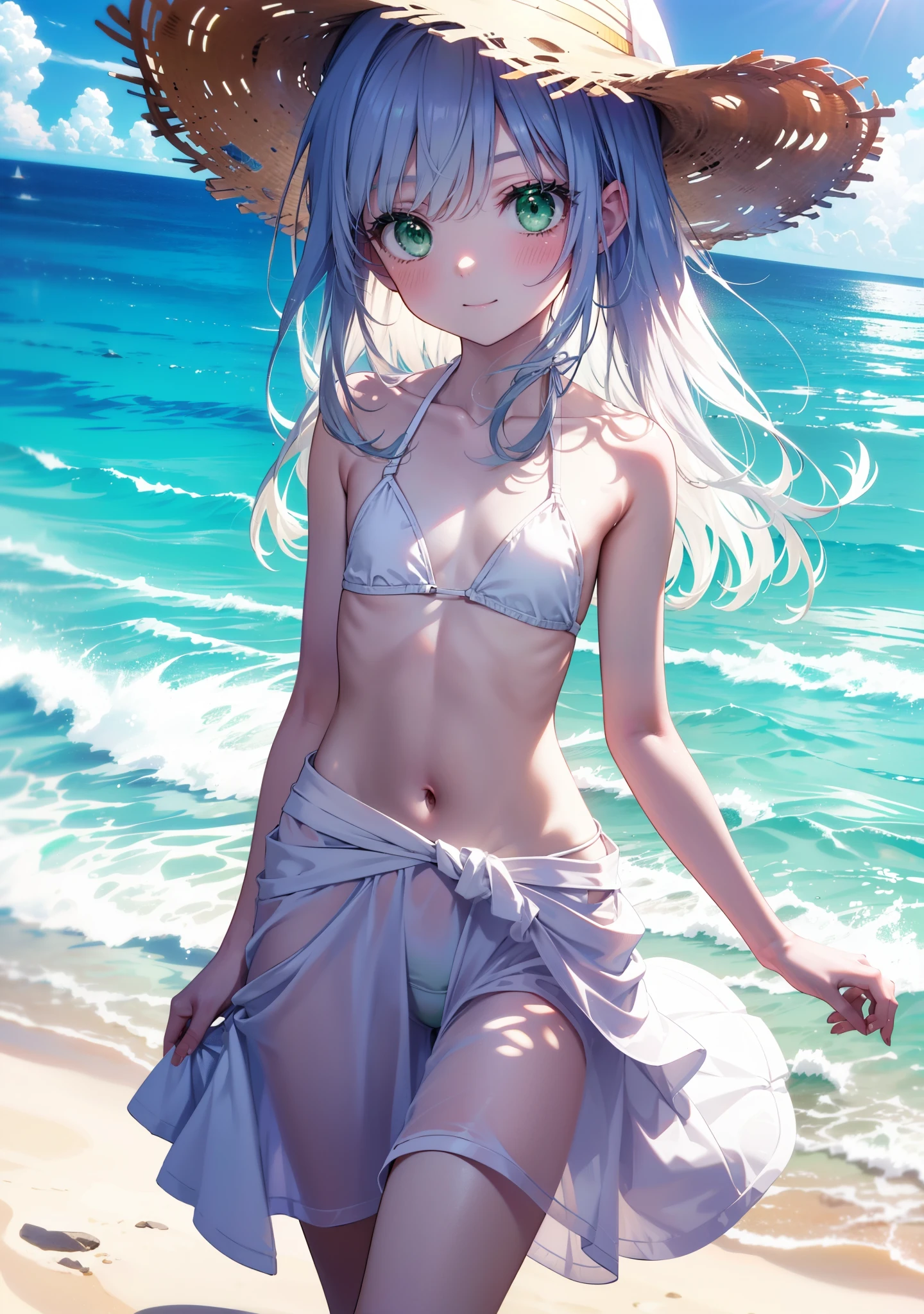 index, index, (Green Eyes:1.5), Silver Hair, Long Hair, (Flat Chest:1.2),happy smile,blush,Straw hat,White string bikini swimsuit,Pareo Swimsuit,A long skirt made of thin fabric tied around the waist,へそ出し whole bodyがイラストに入るように,Strolling on the sandy beach,
break outdoors, Beach,
break looking at viewer, whole body, (Cowboy Shot:1. 5),
break (masterpiece:1.2), Highest quality, High resolution, unity 8k wallpaper,, (shape:0.8), (Beautiful attention to detail:1.6), Highly detailed face, Perfect lighting, Extremely detailed CG, (Perfect hands, Perfect Anatomy),