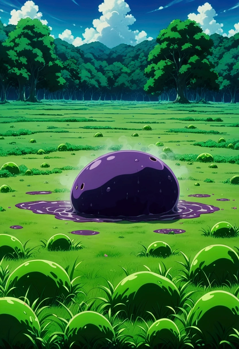 (Masterpiece, best quality, vivid colors), Un slime morado en una pradera, acidzlime, anime screencap