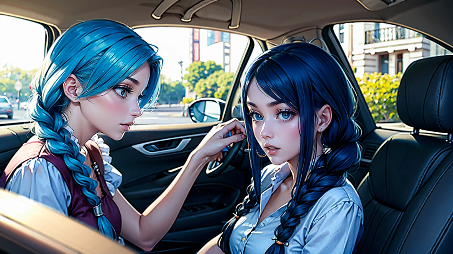 girl with two long braids of blue hair driving a car