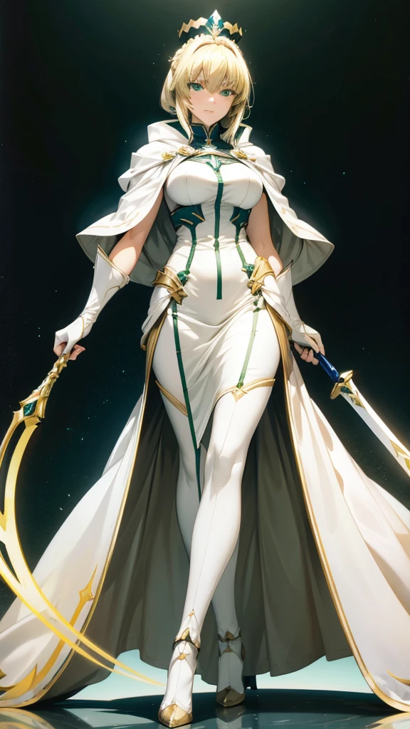 Arturia Lancer, Mature woman, elegant, blond, Green eyes, Casual wear, crown, White Cape, curvy, 4K resolution, high quality