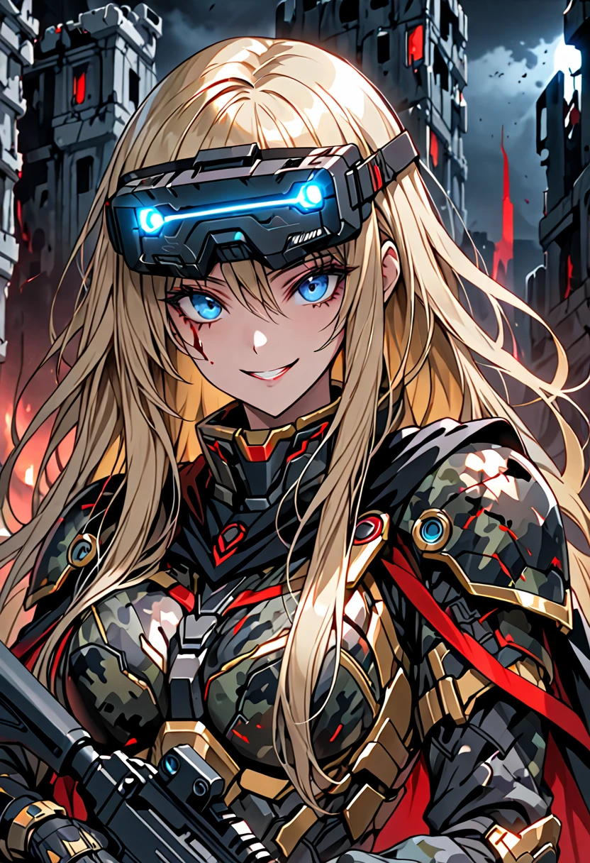 solo, female, huge woman, extremely tall woman, blue eyes, blonde, long hair, black uniform, ((dark camouflage armor)), black cape, gold trim, red trim, muscular, ruins, smile, baggy breeches, broad shoulders, night, looking at viewer, futuristic, head-mounted display, assault rifle, high-tech camouflage, close up, blood, crazy yandere expression