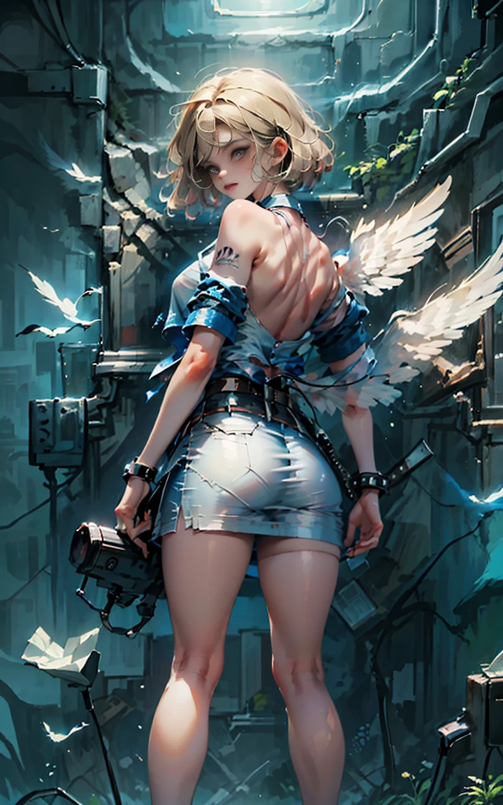 CG K Ultrarealistic ,((premium、8k、32K、masterpiece、NffSW:1.3)), (superfine illustration)、(super high resolution), (((adult body))), (((1 girl with white wings on her back:1.5))), ((( short hair bob ))), 25 year old cyberpunk gladiator with perfect body, Shoulder pads with metal spikes., Gladiadores in Brooklyn, (( short hair bob )), Torn rugby team t-shirt, Almost naked in the wild urban style of Simon Bisley, short blonde hair, minimal clothing, Metallic protection on the left arm with complex graphics...., Dark red with white stars and blue and white stripes., armor, Full of spikes and rivets., poison tattoo (((Image from the knee up))), short white blonde hair, In the background、 There is a wall with an intricate design painted by Shepard Fairey....