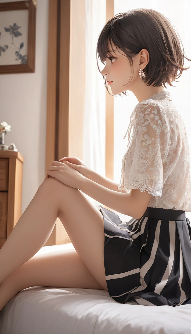 (masterpiece, Highest quality:1.2), One Girl, alone,Bony body、15 years old、Short Hair、Earringaster piece , best quality , detailed , blouse , skirt , sitting , (from side) , bed room , indoor