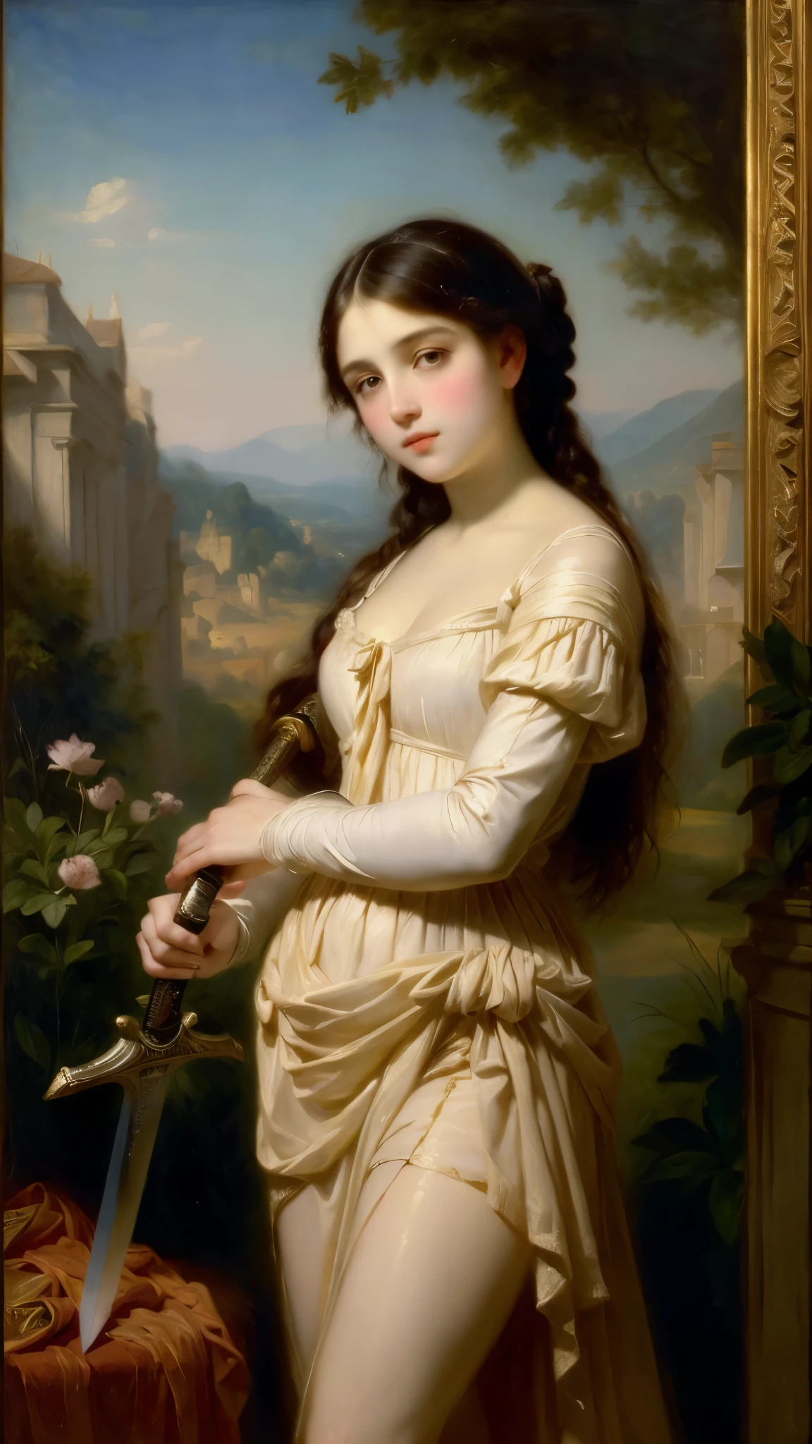 painting of a woman in a white dress holding a sword, neoclassical paintings, Allegorical painting, by Alexandre Cabanel, symbolist painting, por Pierre Auguste Cot, by Théodore Chassériau, by Charles Gleyre, neoclassic painting, renaissance painting, Renaissance style painting, Ledmund Leiton,Detailed eyes, detailed face, PERSEPHONE, (SFW:1.5)