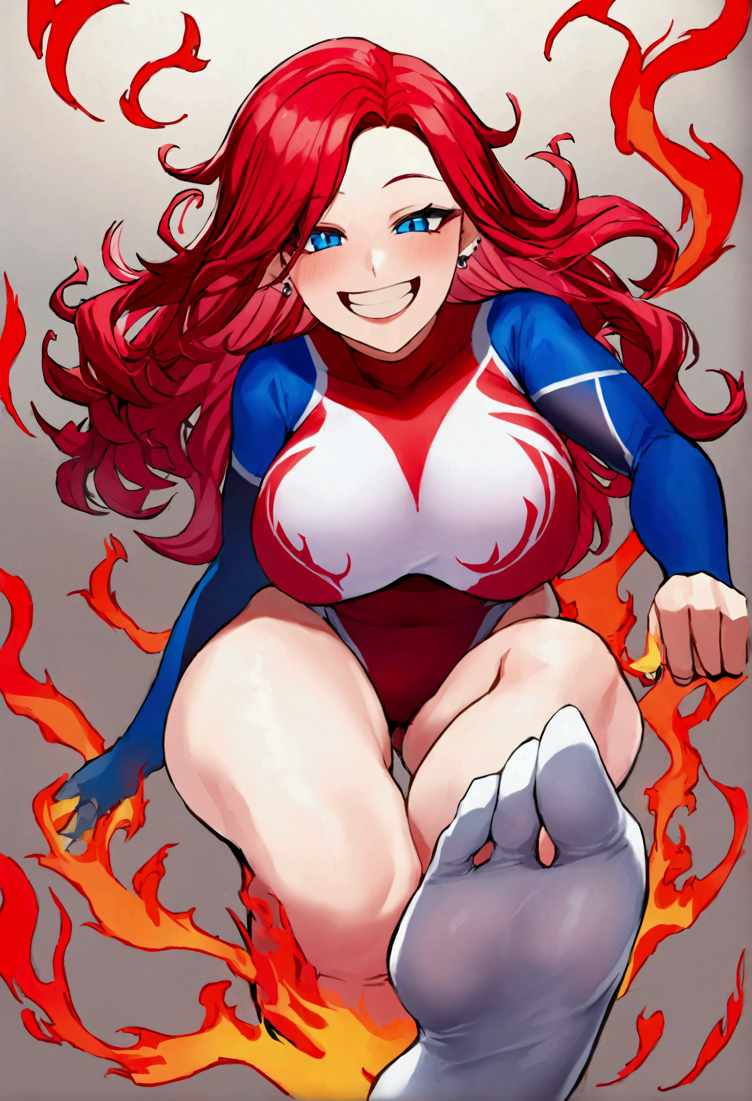vibrant fiery red hair, piercing blue eyes,bold flashy outfits,tight bright-colored athletic gear adorned with flames and bold patterns, large strong thighs, laughing maniacally, wicked smile pushing her naked foot in view, pov laying under her feet,