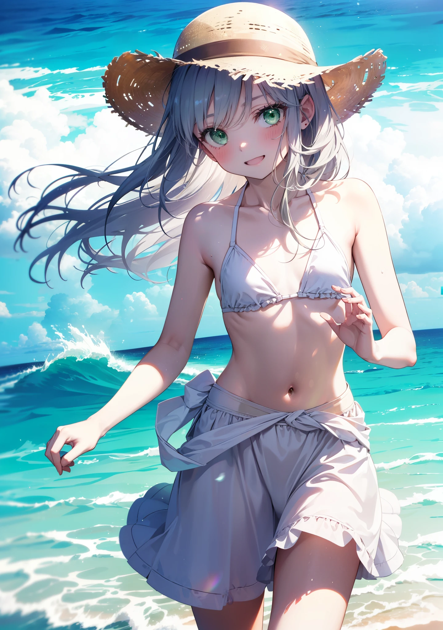 index, index, (Green Eyes:1.5), Silver Hair, Long Hair, (Flat Chest:1.2),happy smile,blush,Straw hat,White string bikini swimsuit,Pareo Swimsuit,A long skirt made of thin fabric tied around the waist,へそ出し whole bodyがイラストに入るように,Strolling on the sandy beach,
break outdoors, Beach,
break looking at viewer, whole body, (Cowboy Shot:1. 5),
break (masterpiece:1.2), Highest quality, High resolution, unity 8k wallpaper,, (shape:0.8), (Beautiful attention to detail:1.6), Highly detailed face, Perfect lighting, Extremely detailed CG, (Perfect hands, Perfect Anatomy),