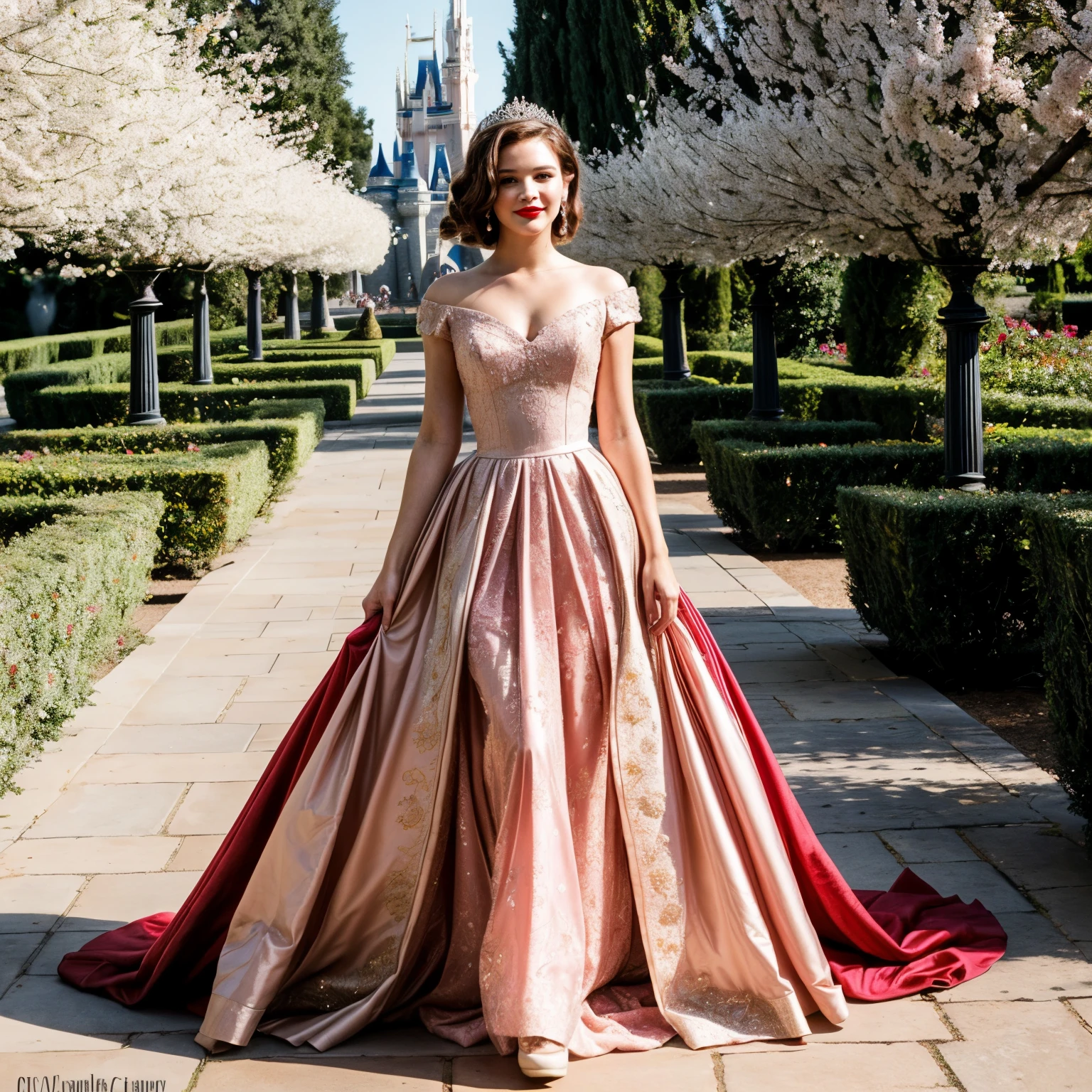 (best quality, 10k, high-resolution, masterpiece:1.2), ultra-high detailed, (photo-realistic:1.37), ((best quality)), ((masterpiece)), ((beautifully styled hair)), ((beautiful makeup with red lipstick)), ((young 20-year-old Cailee Spaeny)), ((beautiful elegant Disney princess)), ((magnificent pink royal gown)), ((full body)), ((in a sunny palace garden)), ((dynamic ultra-3D lighting)), 