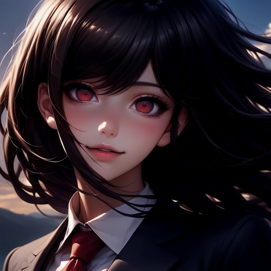 a close-up of a person in a suit and tie against the background of the sky, akane owari danganronpa, with bright red eyes, anime look of a beautiful girl, anime”, dark yandere gapmoe, with bright red eyes, by Jin Homura, anime portrait of shiina ringo, portrait dark yandere gapmoe, anime style