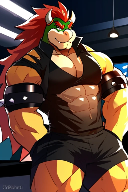 Muscular Bowser, Long hair, black open cut sleeveless gym shirt, shorts negros 