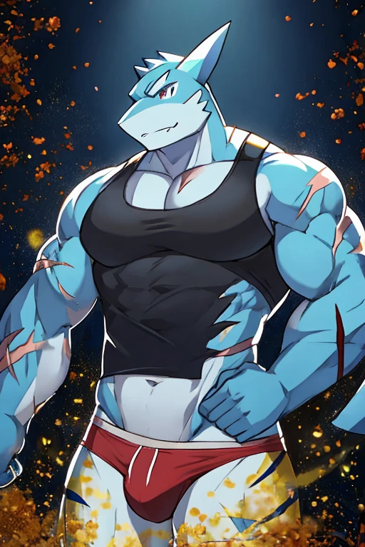 Muscular blue shark, pollen, with scars, black open cut sleeveless shirt, red underwear