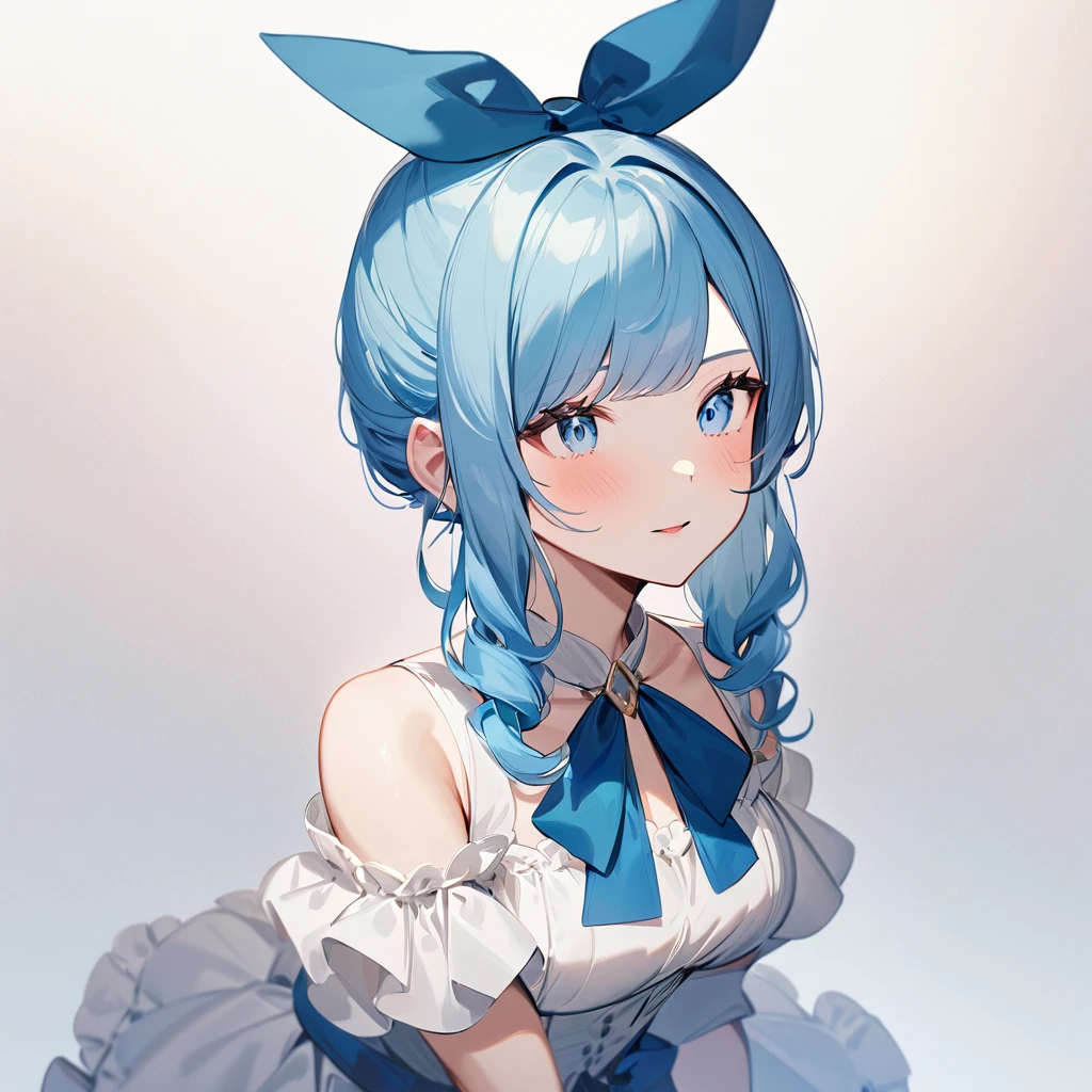 1girl,Solo,cute,Blue hair,Blue and red, swept bangs,straight-on,medium hair,big breast,masterpiece, best quality,very aesthetic,absurdres,(hair bow),(Low brightness),(frill dress)