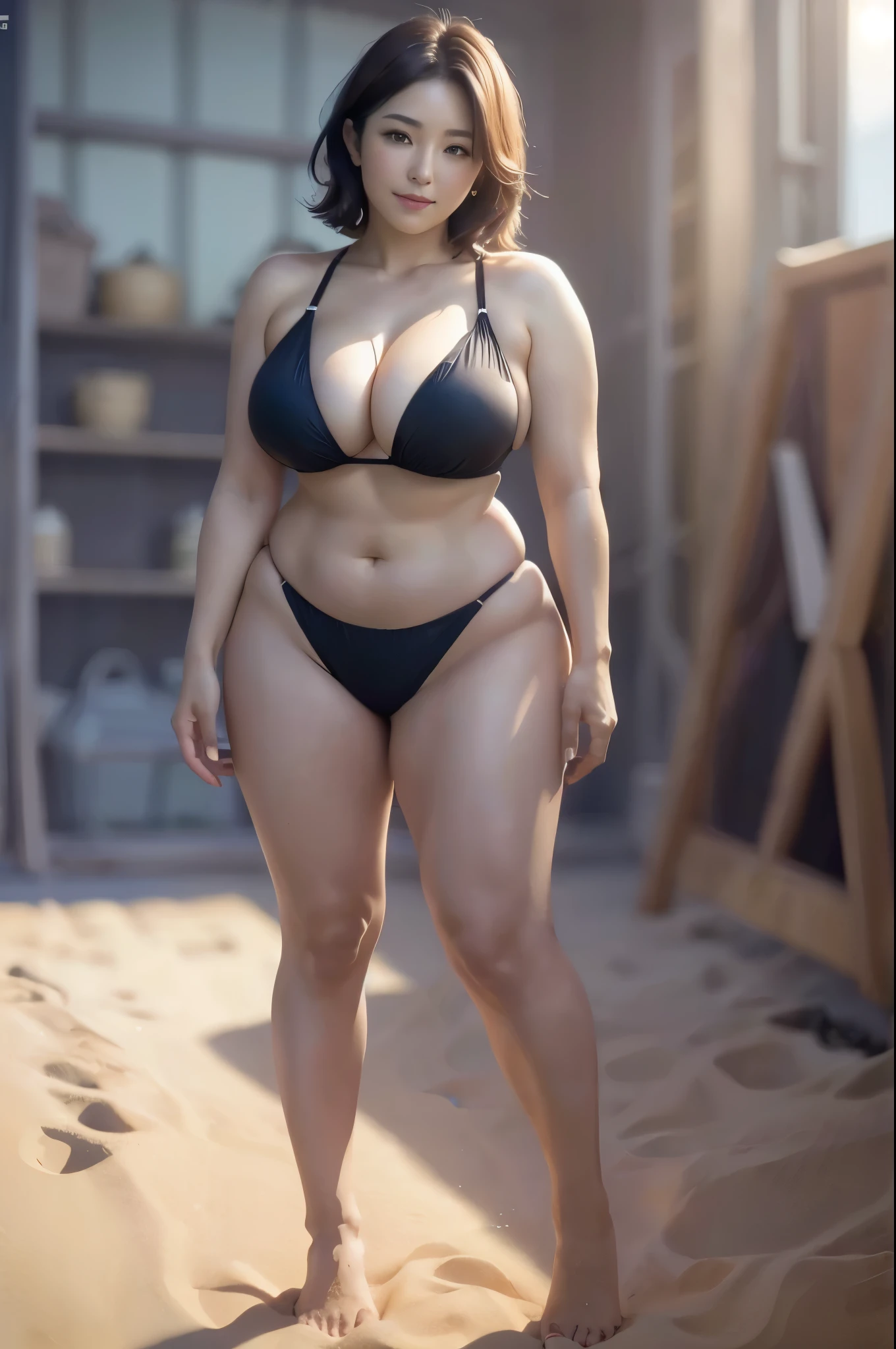 (Browsing Caution), (RAW Photos), (Realistic), (Photorealistic), Ultra-high resolution, masterpiece, Highest quality, Portraiture, facial Portraiture, Perfect lighting, Detailed lighting, Dramatic Shadows, Ray Tracing, 1 Japan Beautiful, 40 years old, Sensual, Cleavage, Plump figure, Beautiful and delicate brown eyes, Red lips, big tits, big ass, big thick thighs, Short Hair, Black Hair, Mouth half open, gentle smile, View your viewers, Wearing a sexy bikini, In the beach, standing pose, (((full body))), (((from below))),