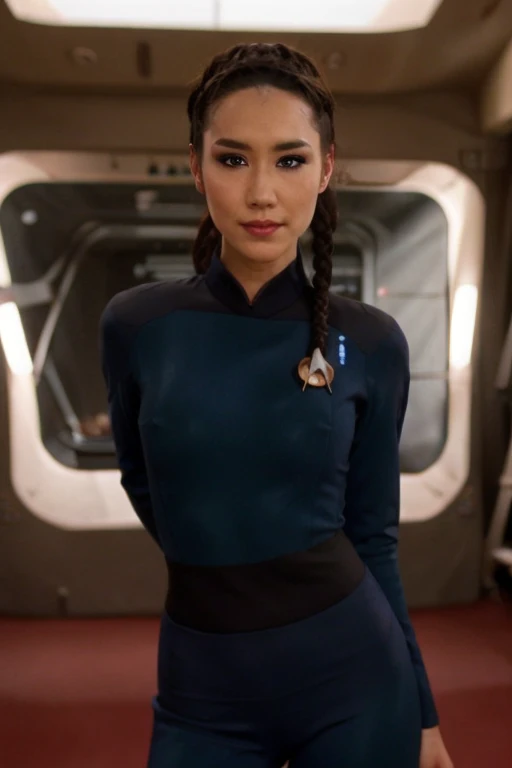 front medium (chr1sch0ng:0.99) a Christina Chong beautiful face, narrowed eyes. smirk. black braided hair,, (s3stngunf uniform uniform),aesthetic lighting dark studio, bokeh, beautiful face, narrowed eyes. smirk. black braided hair,
