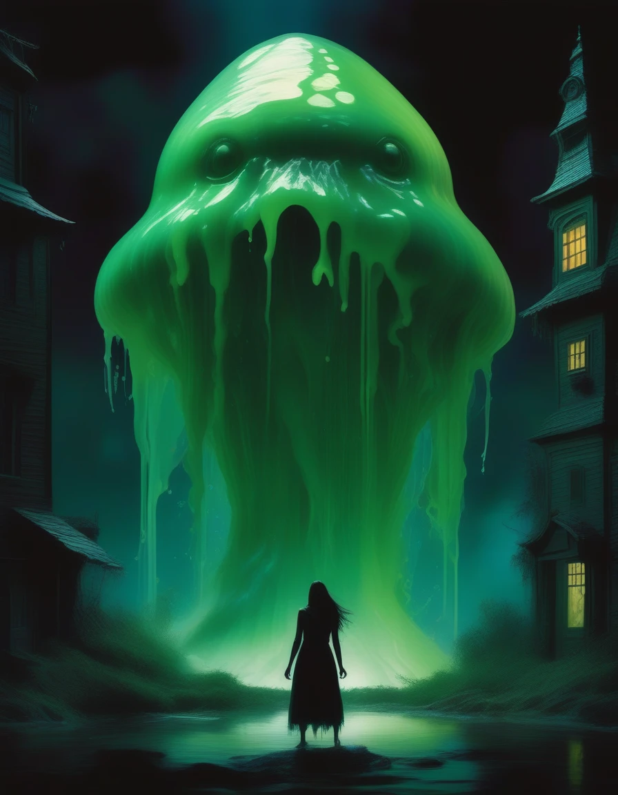 a giant transparent slime monster, towering over a human woman, devouring and dissolving her clothes, dark fantasy, night scene