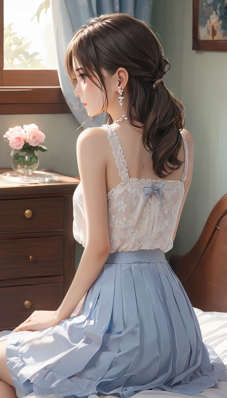 (Mini flared skirt、from the rear、bending forward、:1.9),(((Kamimei、Bun hair、Embarrassing、red blush、embarrassed from、Mouth ajar))),((((White lace blouse、small tits、oestrus、I'm、no sleeves、high-heels)))),((luxury hotel、chandeliers、frombelow))、masutepiece, 1girl in, best qualtiy, Ultra Detail, (shiny), (Small)、(((with blush cheeks,))),Ray tracing,Perfect Lighting, (milky skin:1.2),reflection, up looking_で_viewer, blush, bow ribbon, yellow_Eyes, White choker, Low_Twin-tailed、(((A slender,Japan's cutest 28-year-old beautiful girl))),Small ribbons in the hair、Contrast Legs