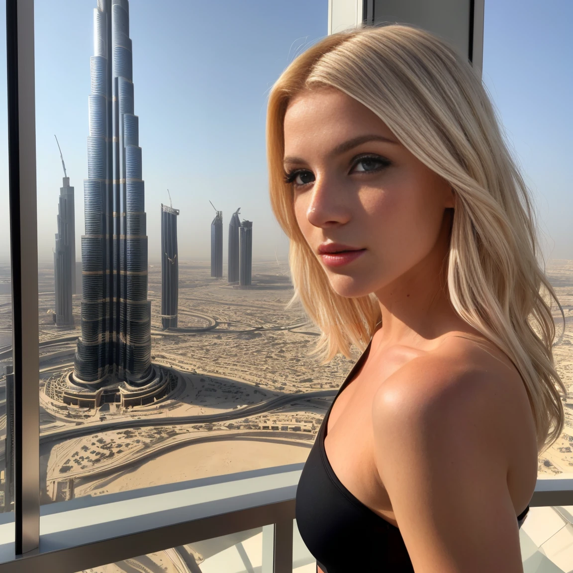 une blonde européenne dans un débardeur de couleur aléatoire, corps entier devant le Burj Khalifa a Dubai, regard sexy devant la caméra, head of'artwork, photorealistic, 8k, Cinematic lighting, dramatic shadows, Couleurs vives, detailed skin texture, (realistic, photo-realistic:1.37), (best quality:1.2), Highly detailed face and body, beautiful blue eyes, Lips, nose, Detailed hair, atmosphère dramatique, cinematographic composition, Elegant and graceful