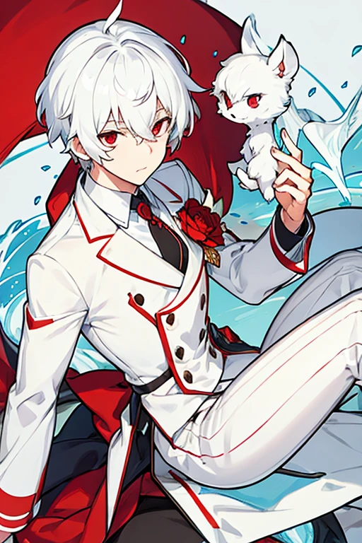 man, short white hair, Red eyes, White suit