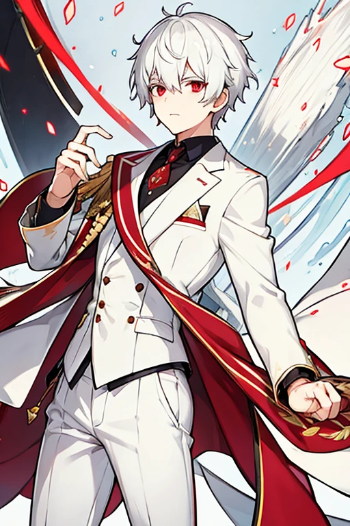 man, short white hair, Red eyes, White suit
