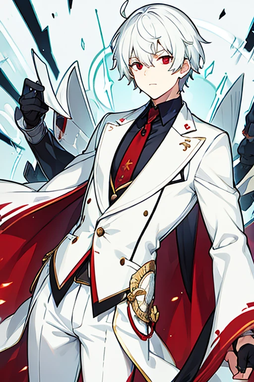man, short white hair, Red eyes, White suit