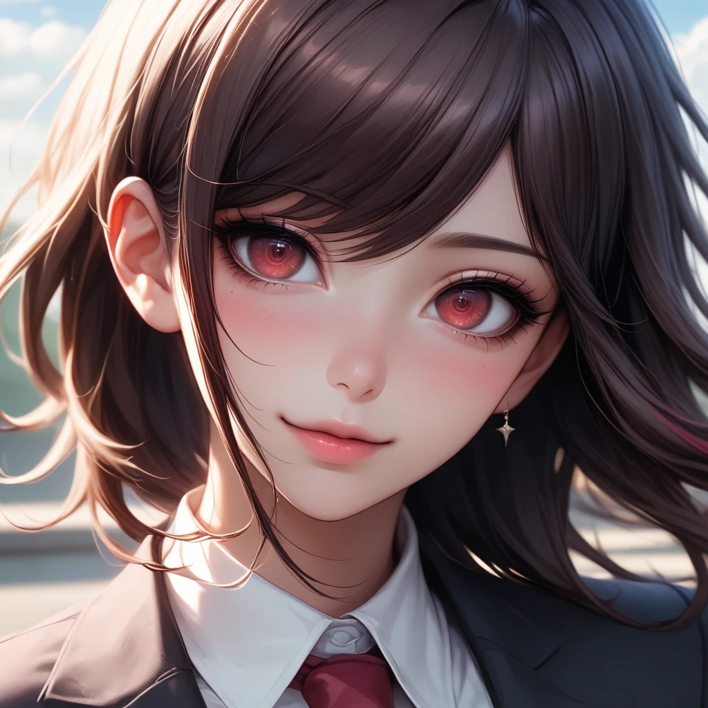 a close-up of a person in a suit and tie against the background of the sky, akane owari danganronpa, with bright red eyes, anime look of a beautiful girl, anime”, dark yandere gapmoe, with bright red eyes, by Jin Homura, anime portrait of shiina ringo, portrait dark yandere gapmoe, anime style