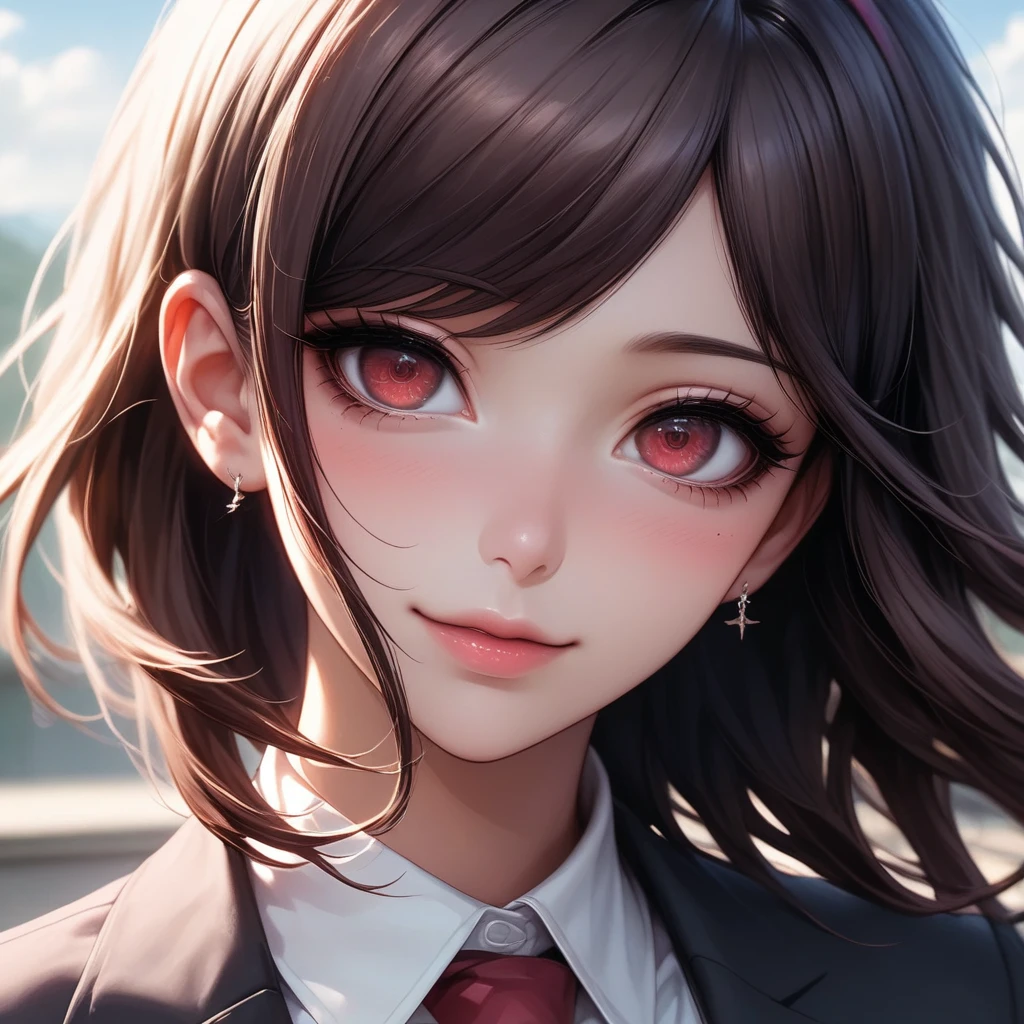 a close-up of a person in a suit and tie against the background of the sky, akane owari danganronpa, with bright red eyes, anime look of a beautiful girl, anime”, dark yandere gapmoe, with bright red eyes, by Jin Homura, anime portrait of shiina ringo, portrait dark yandere gapmoe, anime style