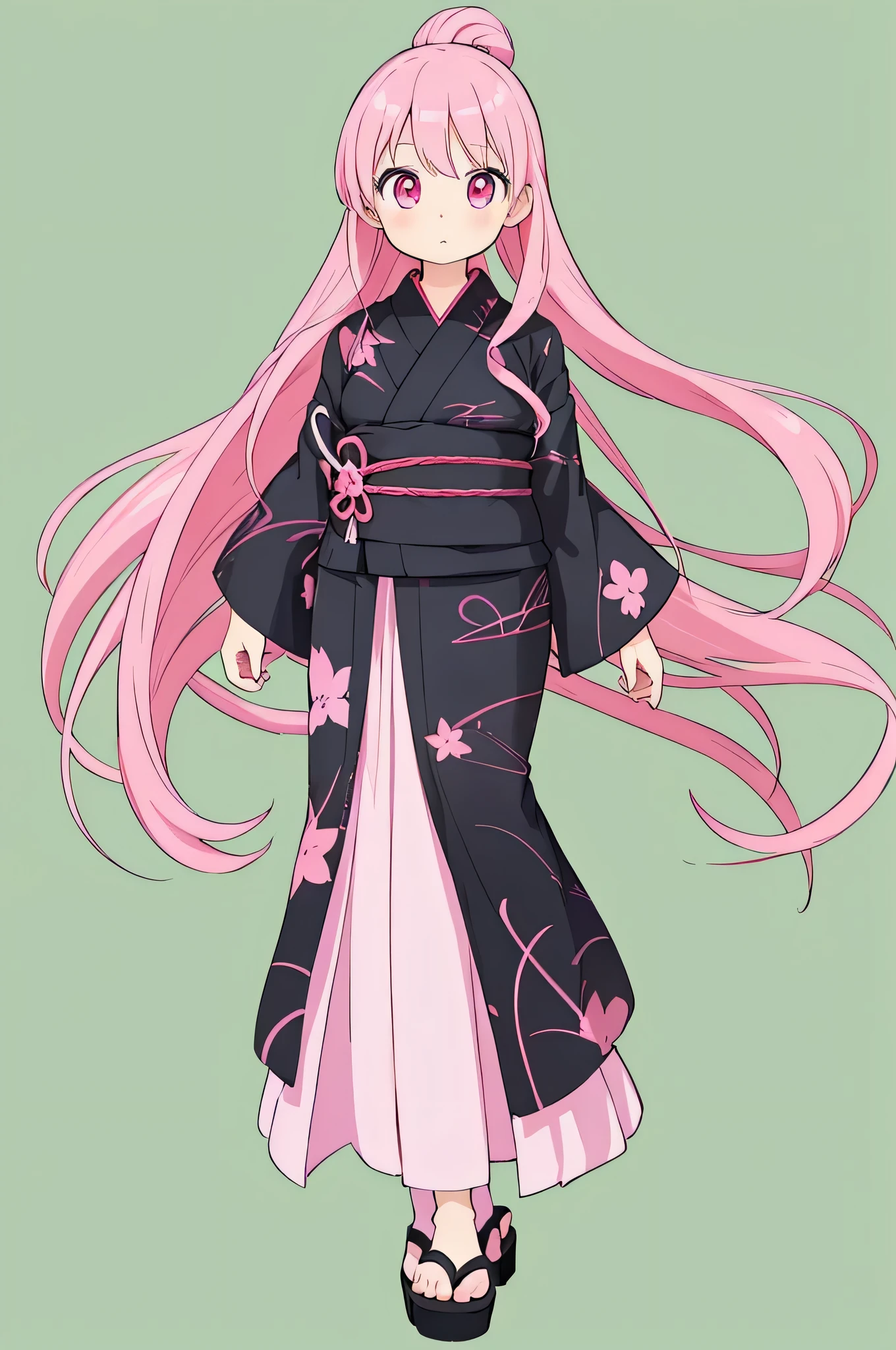 Anime girl pink hair,Pink Eyes,,Official character art,(((((whole body))))),uniform,standing,((((full body)))),toe,((simple background)),(green background),Black yukata,