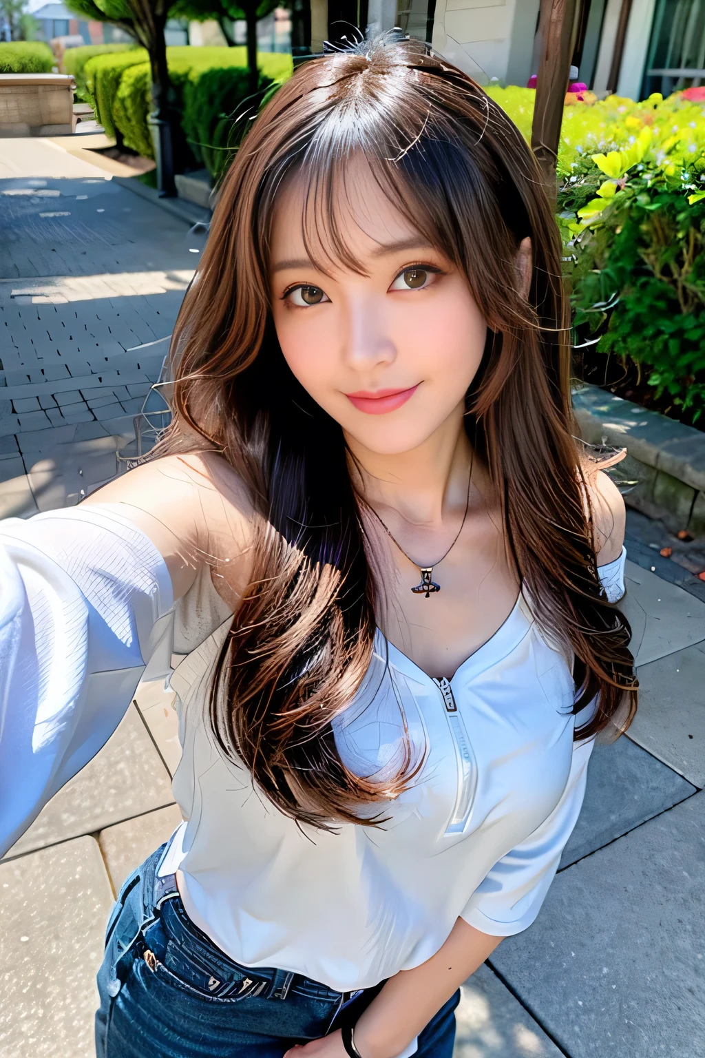 seed;2372725988,((Full Body Angle))、((Front hair:1.3))、((Highest quality, 8k, masterpiece: 1.3)), concentrated: 1.2, Cute girl 1,Nipples erect、 Perfect beauty: 1.4,Summer off-the-shoulder cropped T-shirt、Letter Print、Shorts: 1.2,Long sleeve、Randall Color、comics&Text Graphics、Black ruffle-trimmed drawstring zip blouse,1.1, Highly detailed face and skin textures, Fine grain, double eyelid, whitening skin, ,Highest quality,Ultra-high resolution,you,1 girl,alone,_Shiny_skin,Iris,necklace,((brown_length_Wavy_hair)),(lips)),eyelash,Front hair,deal with,compensate,Shiny,pore,skin,Large Breasts、((smiling face))、stroll、Selfie、