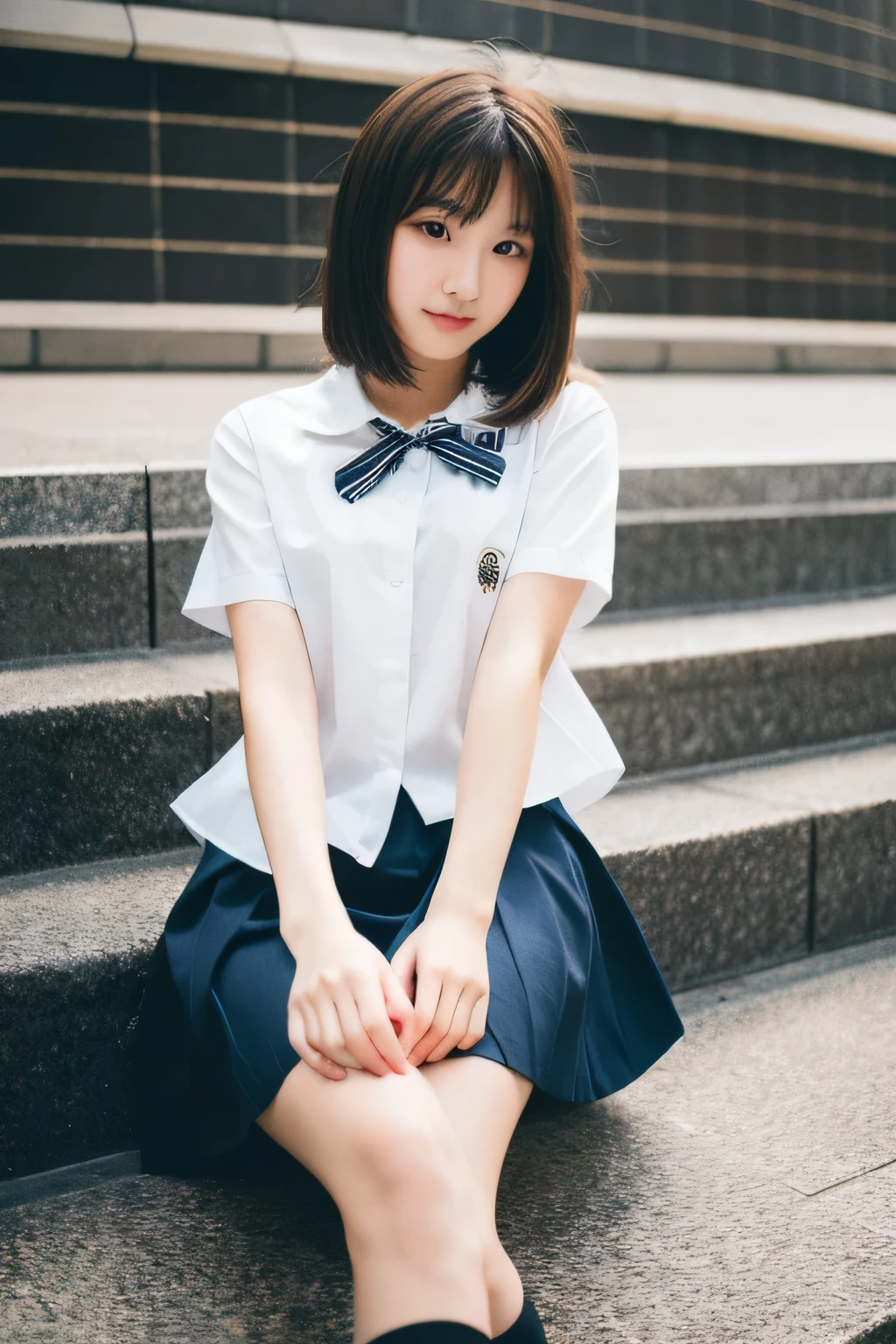 An exquisite fashion photoshoot featuring a Japanese teen idol dressed in a fashionable school outfit, exemplifying the teen style aesthetic. The outfit consists of a crisp white blouse, a pleated skirt, knee-high socks, and polished shoes, accessorized with a cute tie and hair ribbon. The photoshoot incorporates film grain for a nostalgic touch, enhancing the visual appeal. Captured with a Hasselblad camera at f/2.8, the image highlights every intricate detail, from the textures of the fabric to the idol's smooth, flawless skin. The high-resolution image ensures that every element is rendered with exceptional clarity, creating a professional and captivating photograph."