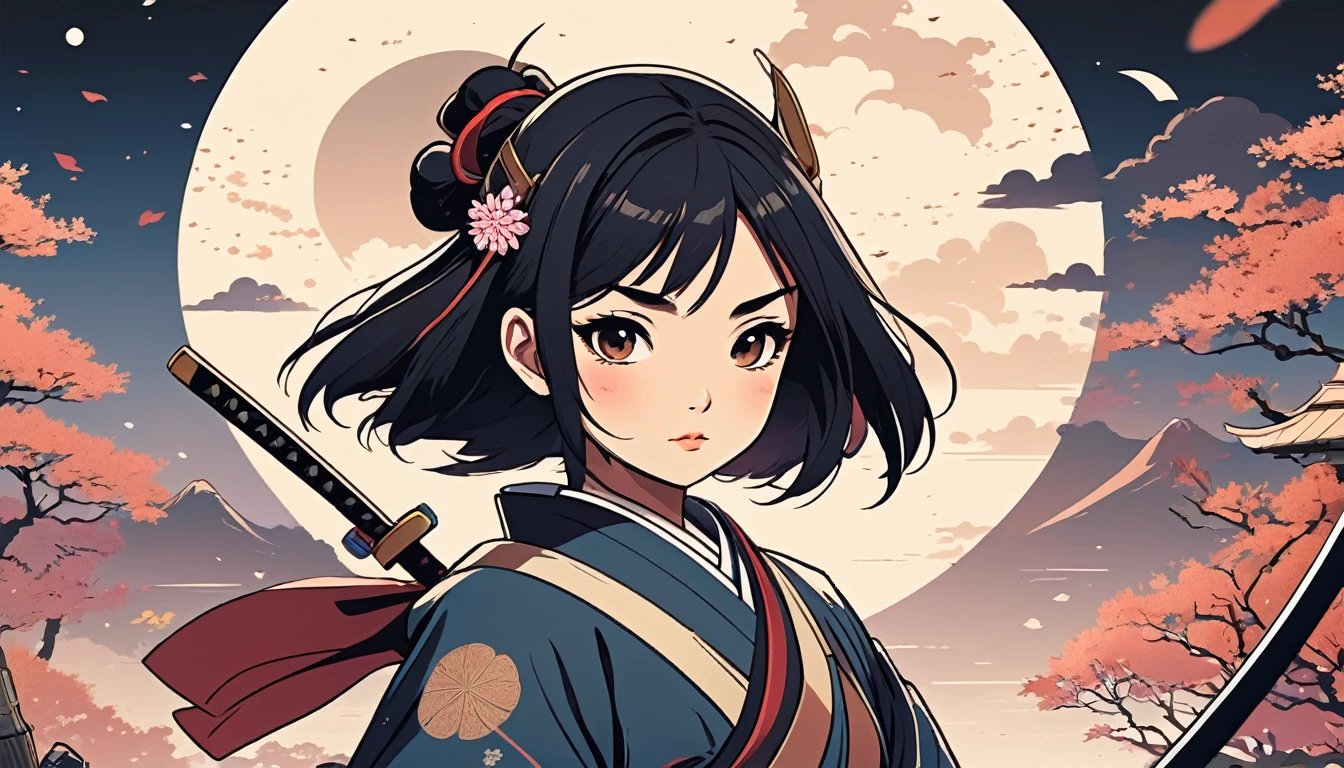 Female samurai, Wide-angle lens, Lofi Anime, Lofi illustration, Aesthetic atmosphere, Lo-Fi Style, Vector art, Flat Design, Simple shape, Warm tones, Pleasant atmosphere, Chill, In anime style, Digital drawing, Vector art, Vector logo for t-shirt printing, (Adorable:1.5), (small:1.4), (Playful:1.2), (soft:1.3), (Whimsical:1.1), masterpiece, Highest quality, 8k, Intricate details, grow, Celestial, Mysterious, Picturesque, amazing, Majestic, Magic, Fantasy art, Cover art, dream-like