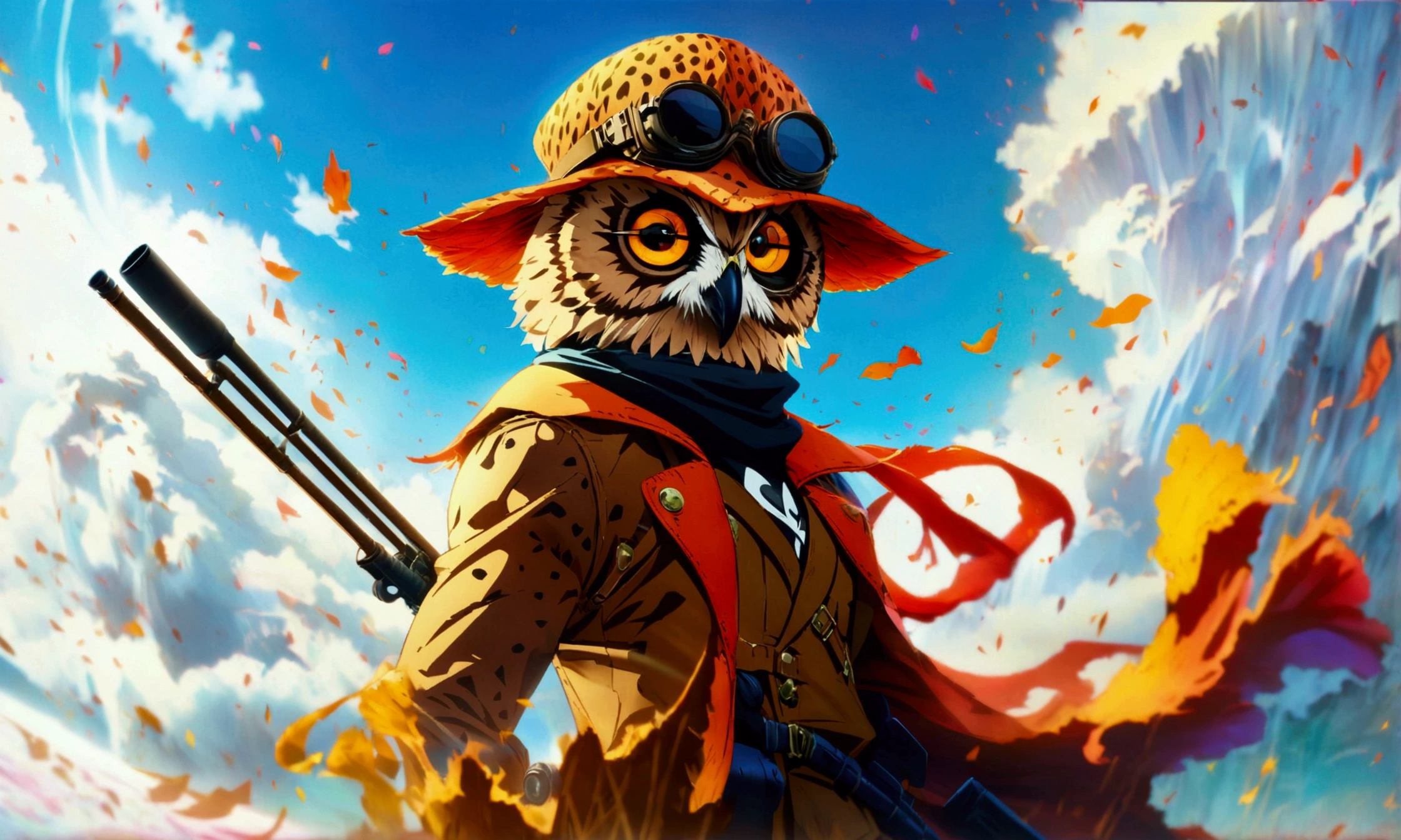 Humanoid owl, brown outfit, sniper goggles, sky background,"Anime character design inspired by One Piece, full of dramatic and impressive lighting, focus on the centralized character, impressive face, full of creative details, 4K ultra-fine design, scenery bathed in creativity, boasting 2D anime resolution clarity, HD anime graphics, high-octane rendering"