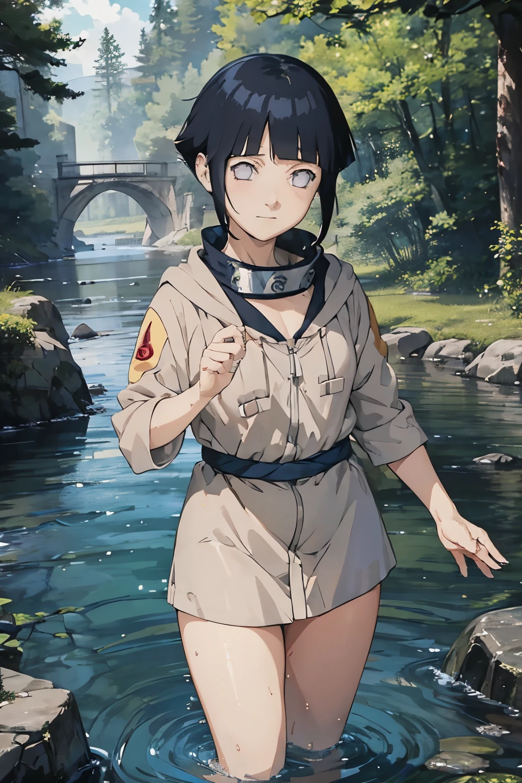 Hinata Hyuga (nude)(crouched) of the Naruto series, with his characteristic blue-black hair and ninja clothing, stands in the center of a river. The water flows gently around it and the scene is framed by a lush natural environment, with trees and dense vegetation. The style must be anime.