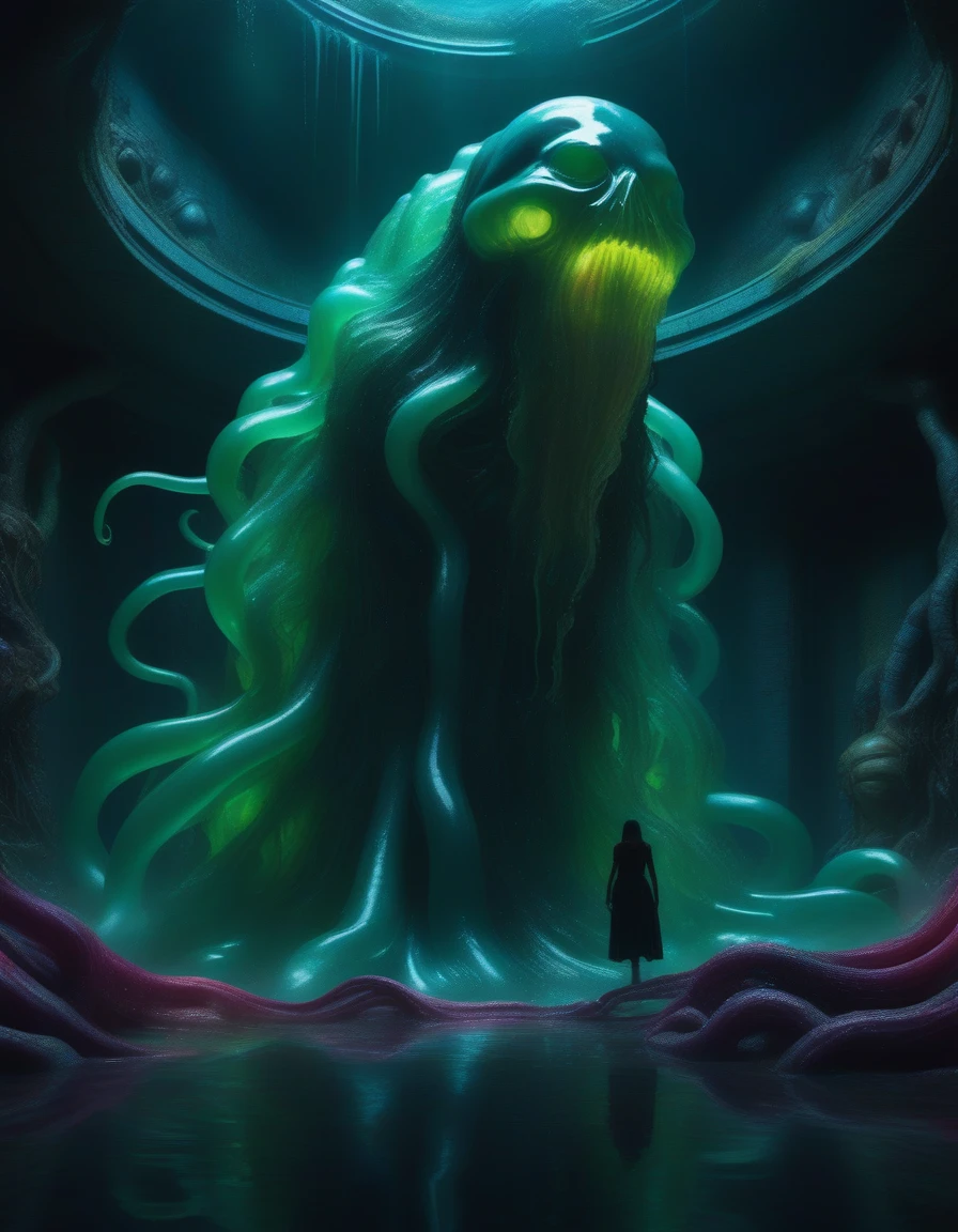 a giant transparent slime monster absorbing a human female into its body, devouring and dissolving her clothes, dark fantasy, dungeon, detailed anatomy, slimy tentacles, gooey texture, surreal, striking colors, cinematic lighting, dramatic atmosphere, intricate details, photorealistic, 8k, highly detailed, masterpiece