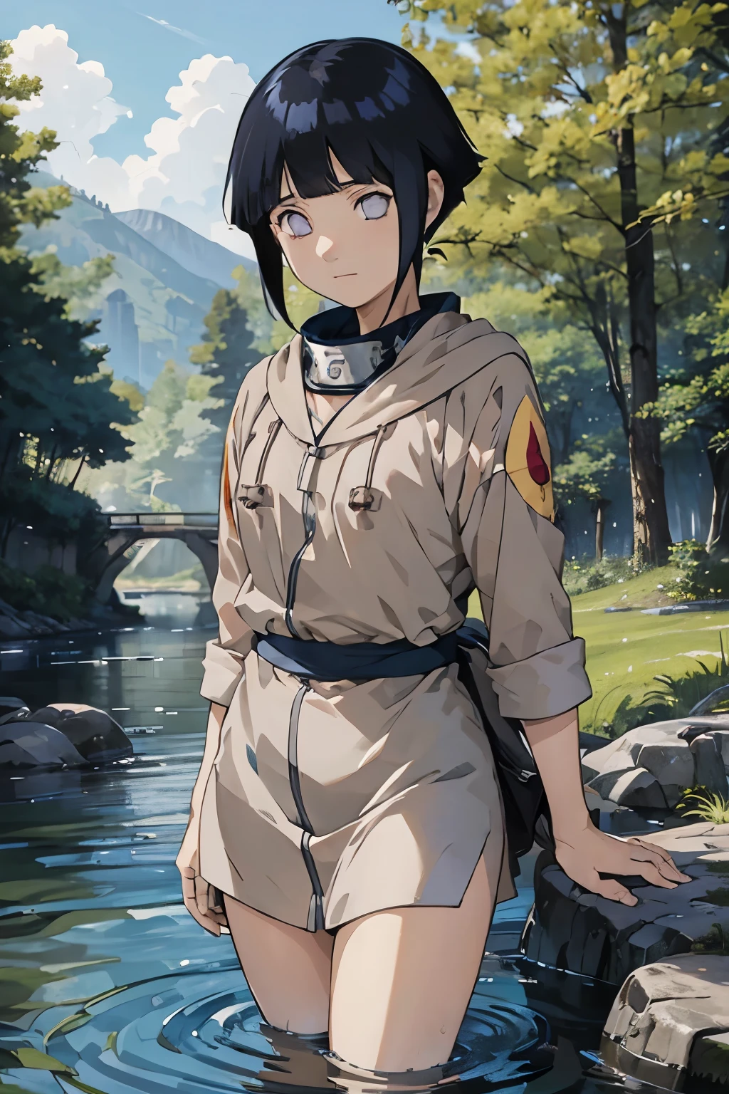 Hinata Hyuga (nude)(crouched) of the Naruto series, with his characteristic blue-black hair and ninja clothing, stands in the center of a river. The water flows gently around it and the scene is framed by a lush natural environment, with trees and dense vegetation. The style must be anime.