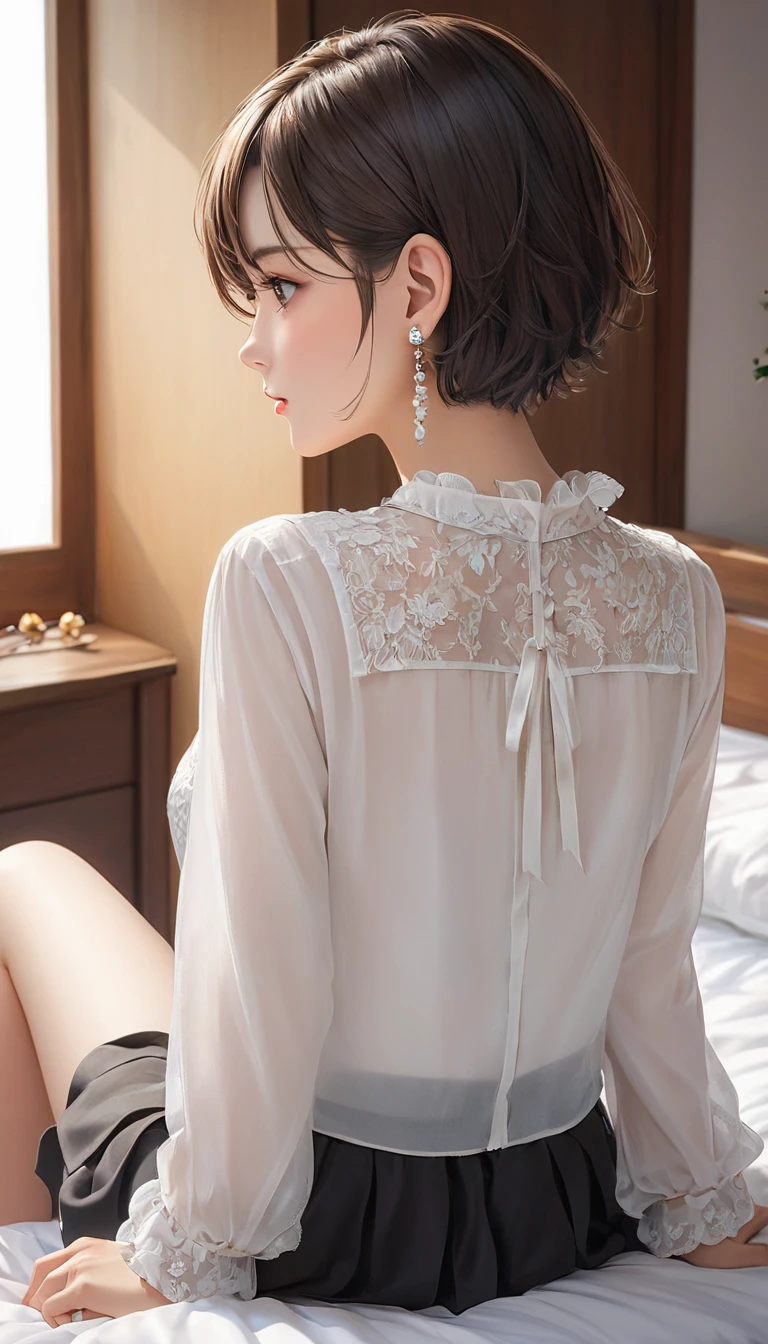 (masterpiece, Highest quality:1.2), One Girl, alone,Bony body、15 years old、Short Hair、Earringaster piece , best quality , detailed , woman , blouse, skirt , sitting , from back , bed room , indoor