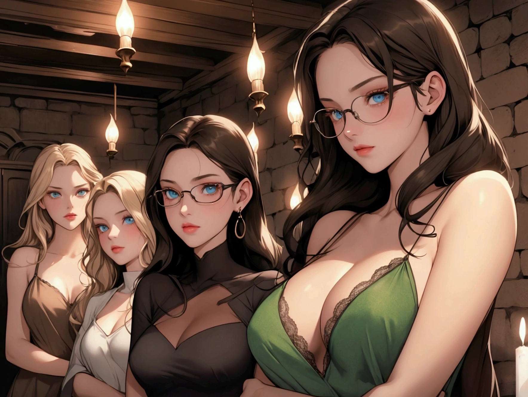 Five young girls in a dimly lit basement, glowing pentagram on the floor, scattered candles, old spell book. Natalia, the Succubus, dark flowing hair, crimson eyes, bat-like wings, alluring and menacing. Jasmine, olive skin, long wavy black hair, brown eyes, confident, medium chest. Beatrice, long brown hair, glasses, massive breasts, anxious, bookworm. Claire, short black hair, blue eyes, athletic, toned body, , tomboy. Madison, straight blonde hair, green eyes, tall model figure, fashionable, smug. Ellie, straight blonde hair, green eyes, tall model figure, excited, eccentric. United yet distinct, tension and revelation.