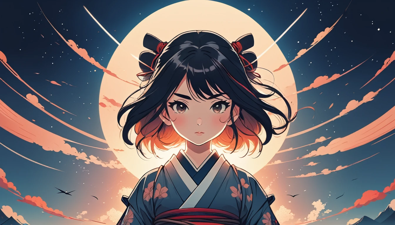 Female samurai, Wide-angle lens, Lofi Anime, Lofi illustration, Aesthetic atmosphere, Lo-Fi Style, Vector art, Flat Design, Simple shape, Warm tones, Pleasant atmosphere, Chill, In anime style, Digital drawing, Vector art, Vector logo for t-shirt printing, (Adorable:1.5), (small:1.4), (Playful:1.2), (soft:1.3), (Whimsical:1.1), masterpiece, Highest quality, 8k, Intricate details, grow, Celestial, Mysterious, Picturesque, amazing, Majestic, Magic, Fantasy art, Cover art, dream-like