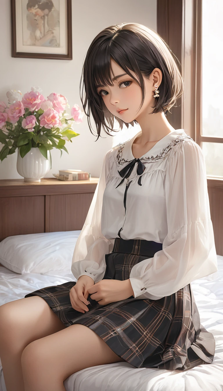 (masterpiece, Highest quality:1.2), One Girl, alone,Bony body、、Short Hair、Earringaster piece , best quality , detailed , blouse , skirt , sitting , (from side) , bed room , indoor