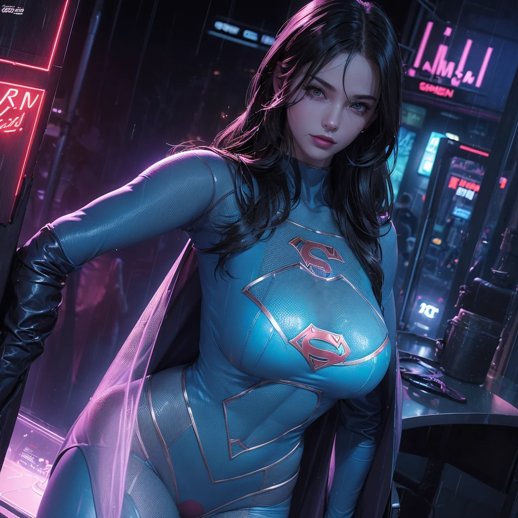 A masterpiece in the making: A single superhero figure, wears a (((transparent mesh))) Supergirl's costume is emblazoned with the iconic Superman logo., Stand and take full-screen photos against the backdrop of the nighttime planetscape.. She has short legs.,Close-up of a woman with long, shiny, wavy hair blowing in the wind., Woman made of blue flames, Her body is made of flames., Amazing Digital Art,Flames surround her, Digital art Alena Aemani, Complex overlay of flame images, Smoke effect, fire and smoke, Amazing Digital Art, digital art images, digital art brush,Mono tone, big breasts , under chest, Frame her highly detailed face with expressive features.. Ultra-high resolution images capture every line., Texture, and her slender body.
beneath you, A dark scene unfolded as rain fell., Create a cyberpunk atmosphere with neon-lit alleys and misty streets.. The light from the neon sign illuminated her figure., Add depth and contrast to dark scenes.